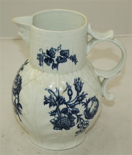 A Worcester Natural Sprays Group pattern blue and white mask jug, c.1765-70, 20.5cm